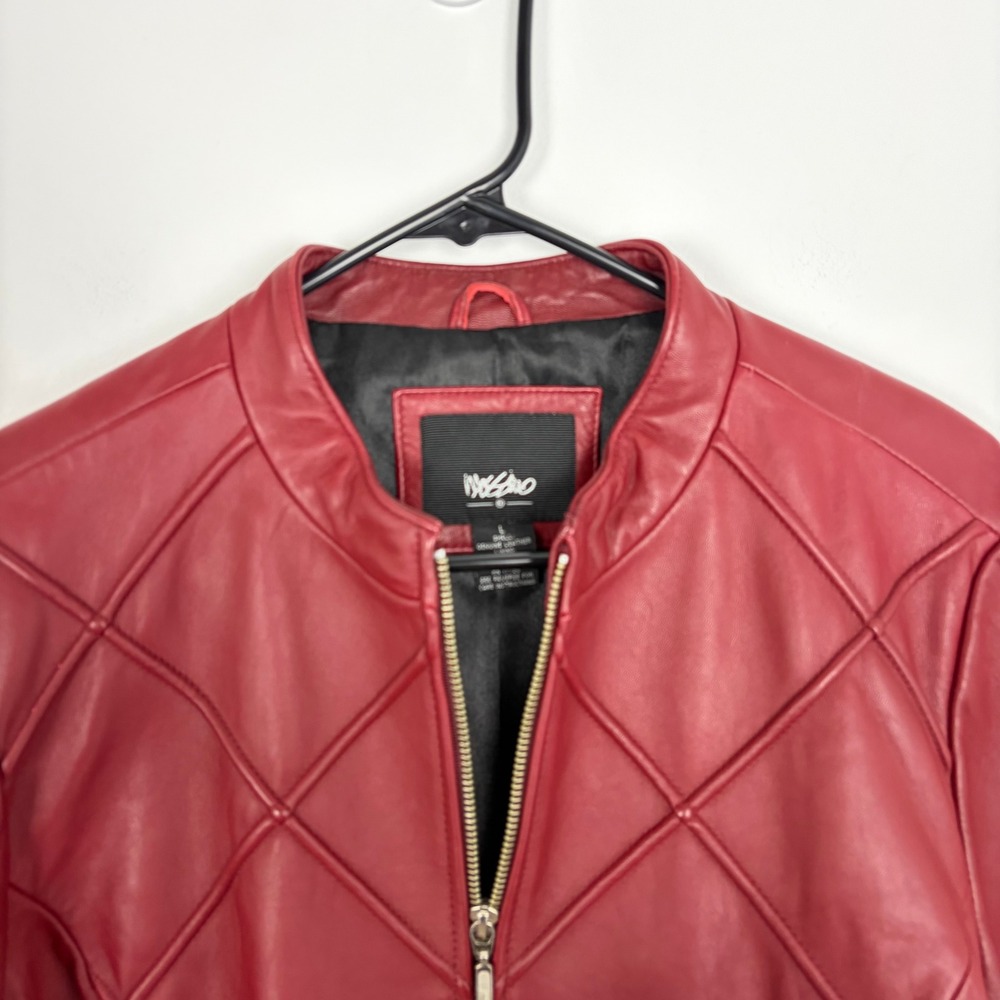 Mossimo Leather Jacket Red Genuine Leather Diamond Quilted Moto Biker Size Large - Picture 2 of 9